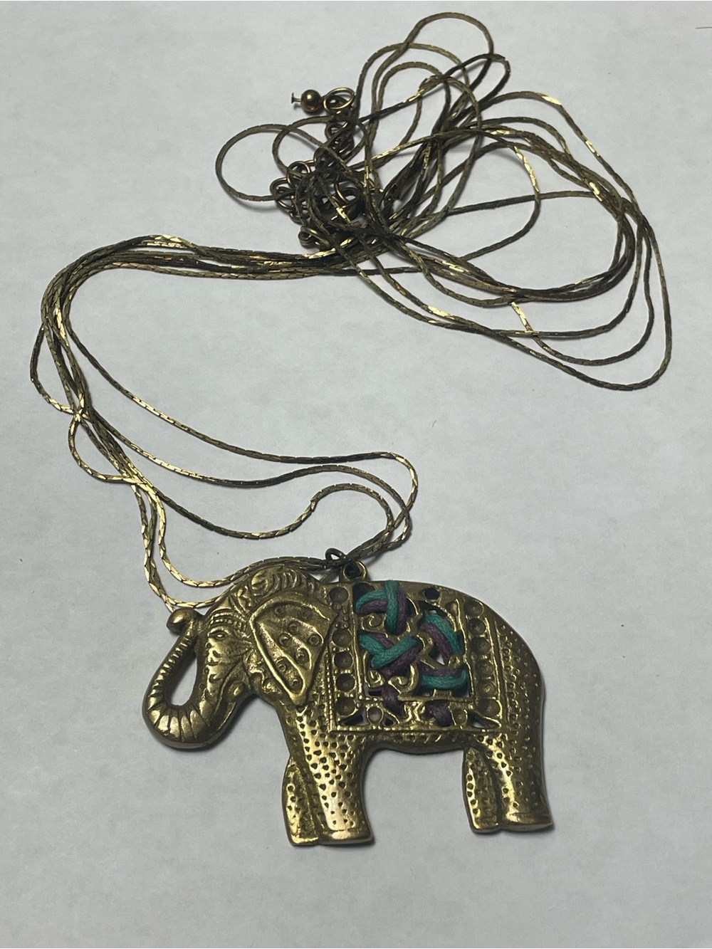 Vintage 90s Gold Tone Chain with Brass Elephant Pendant Necklace Boho Jewelry